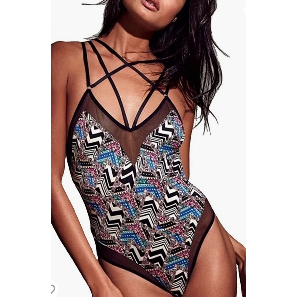 Victoria's Secret Kaleidoscope Strappy Caged Front Satin Mesh Bodysuit Sz: L